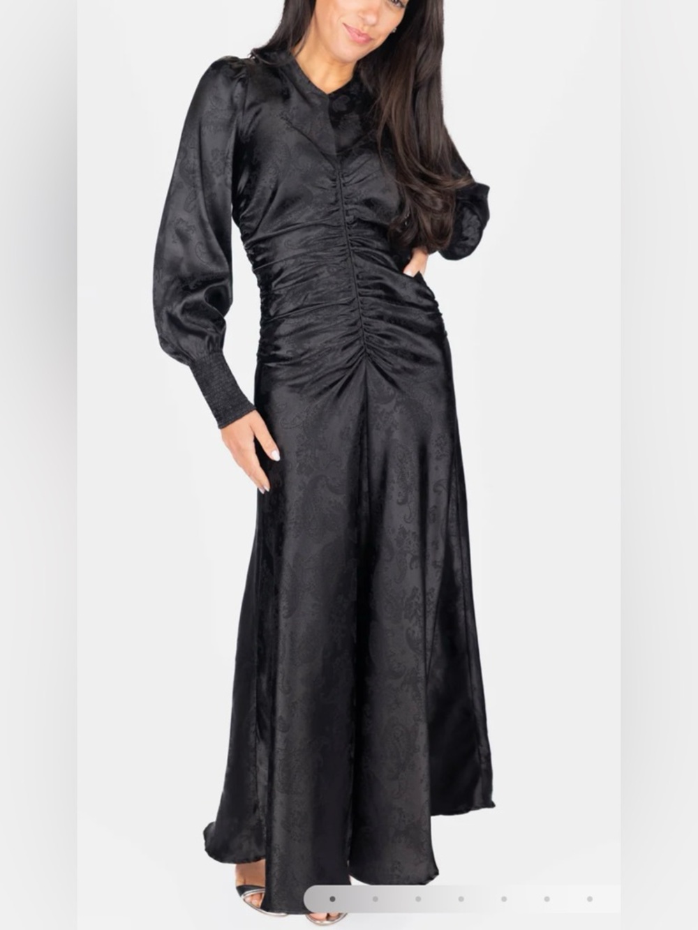 Elegant Black Ruched Satin Maxi Dress